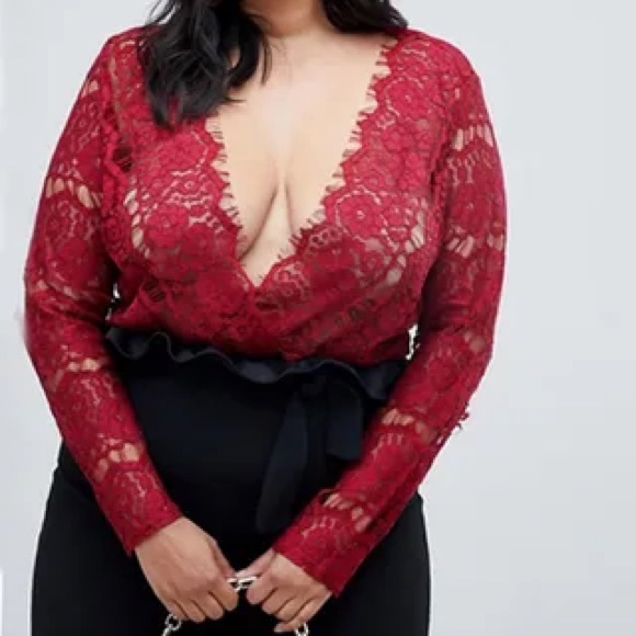 Missguided Curve Eyelash Lace Plunge Bodysuit Red - Picture 2 of 5